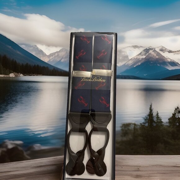 NIB Brooks Brothers Lobster 🦞 Red Print On Blue Mens Suspenders Silk , Leather - Picture 3 of 10